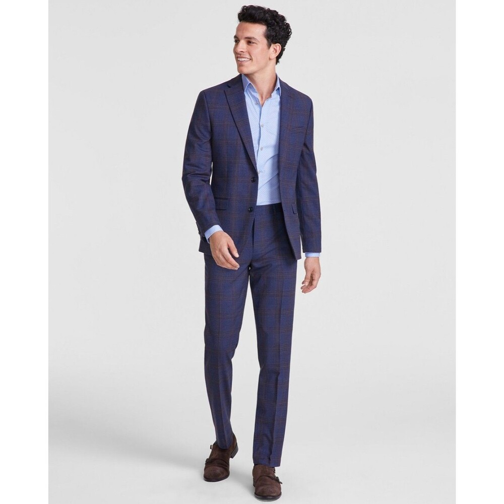 $600 BRAND NEW BAR III Mens 40L Navy Plaid Skinny 2 Piece Suit With Pants 32x32